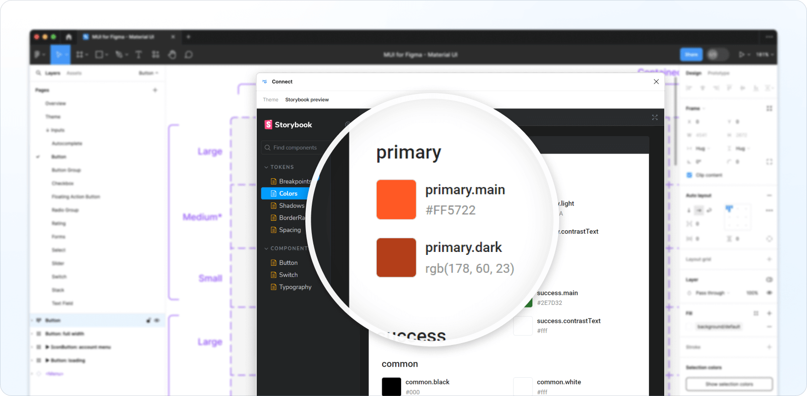 The generated theme previewed in Storybook in the Connect plugin UI.